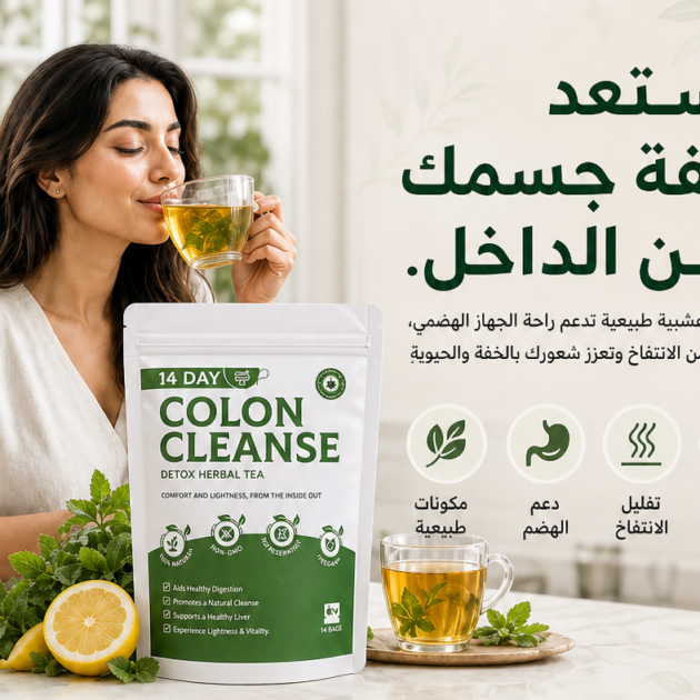 اكتشف Colon Cleanse، شاي عشبي غني بالمكونات الطبيعية لدعم صحة الجهاز الهضمي والمساعدة على تقليل الشعور بالانتفاخ، ضمن روتينك اليومي.